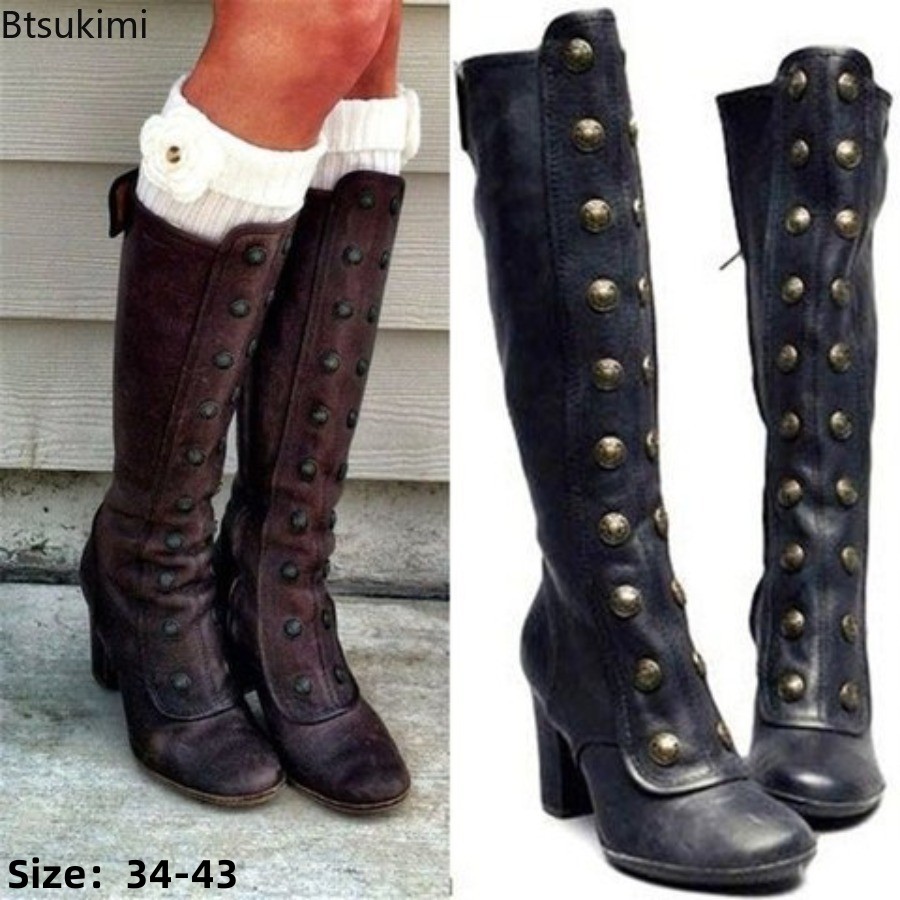 Knee High Boots Women - Bottes rétro noires à rivets, talons