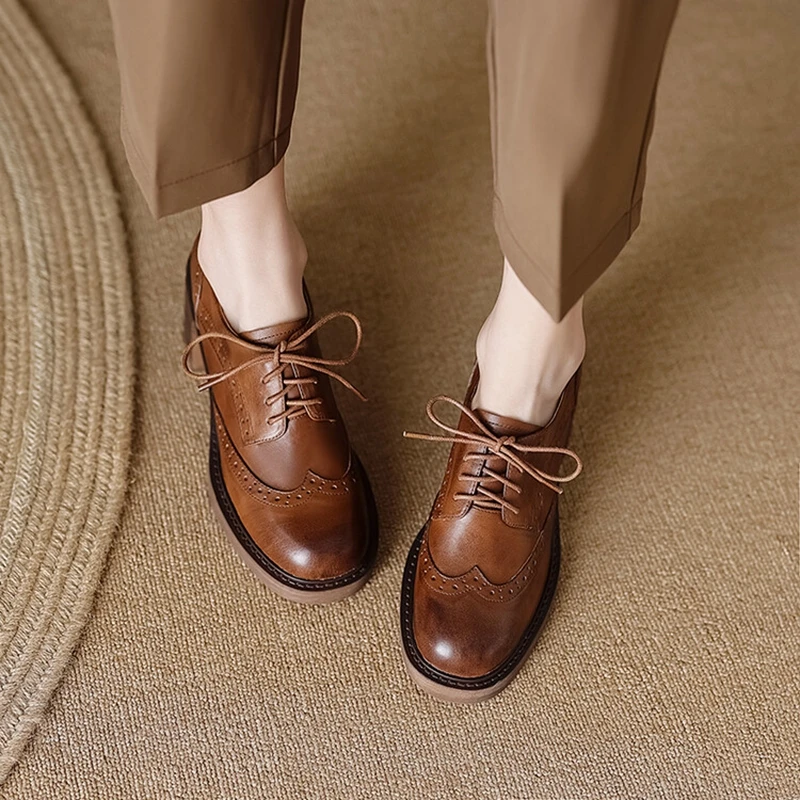 Oxford Lace Up Women - Mocassins en cuir véritable pour femmes,