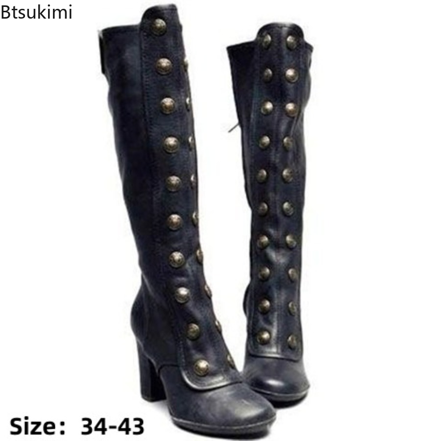 Bottes rétro noires à rivets,  - Knee High Boots Women avis et prix